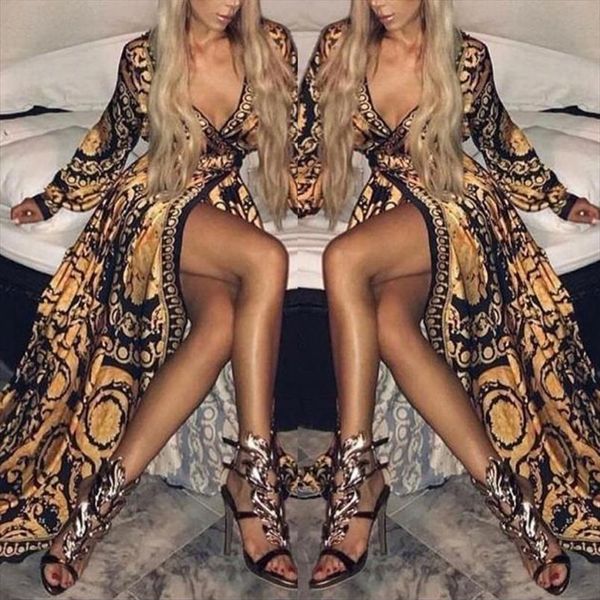 

women retro dresses bohemian floral print gold color deep v neck womens maxi dress paisley female party dress robe clubwear, Black;gray