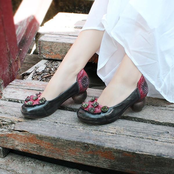 

johnature pumps women shoes 2020 new spring high heels genuine leather round toe slip-on flower handmade ladies shoes1, Black