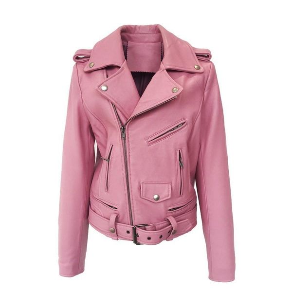 

women's leather & faux spring autumn women fashion pink sheepskin genuine jacket streetwear coat casual short slim fit office ladies ja, Black