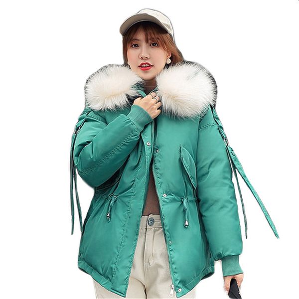 

2021 new female winter coat thin yellow green plus size new korean fashion beige heat down cotton big leather parka hood tryh, Black