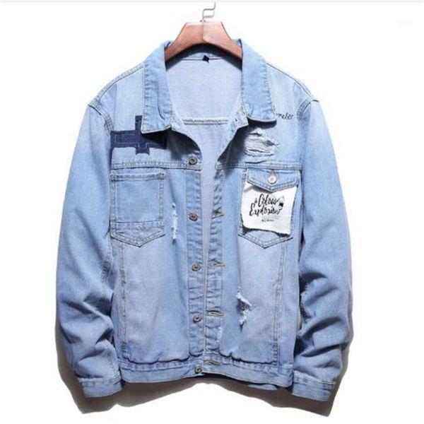 

2020 spring and autumn europe and the united states new denim jacket men denim jackets hole outwear coat1, Black;brown