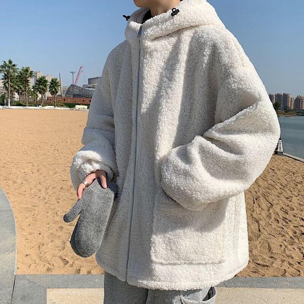 

2020 winter new youth popular loose men's pure color lamb wool hooded plus velvet padded coat fashionable casual m-2xl, Black