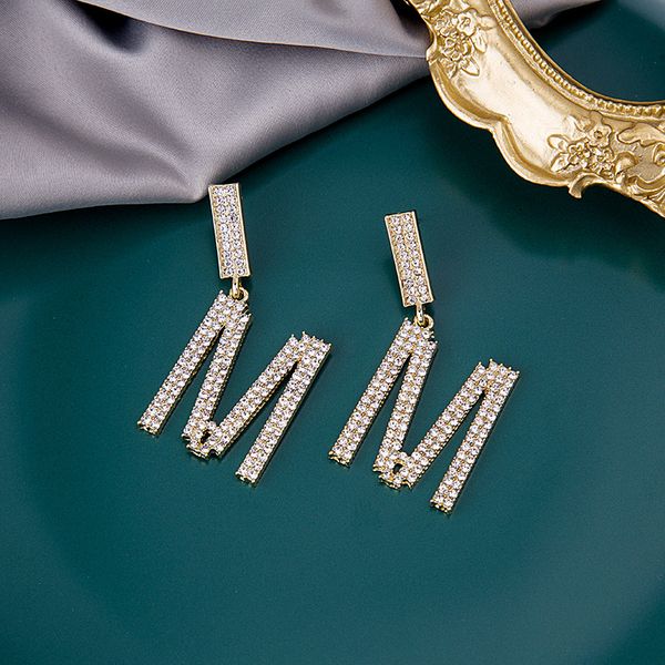 

npkds lucky letter m earrings womens alphabet crystal earrings bride long long wedding earrings party jewelry, Golden