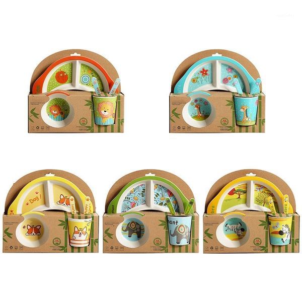 

flatware sets bamboo fiber baby cartoon eating tableware kids dinner plate toddler feeding dishes children training bowl spoon fork 5pcs/set