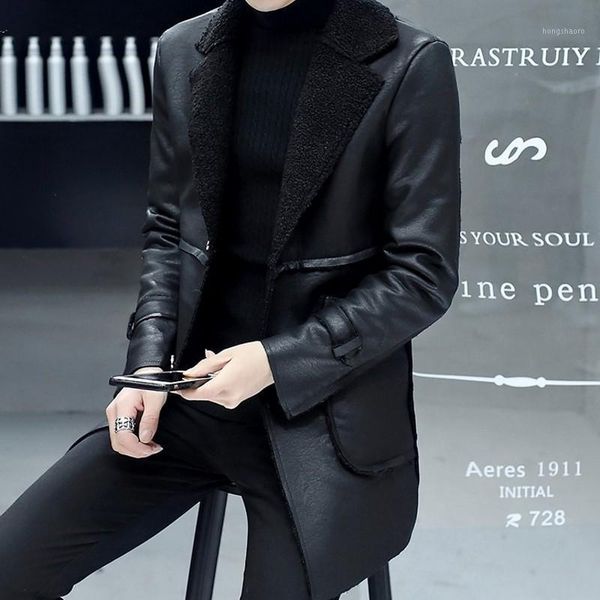 

fashion pu leather fleece liner mens medium length overcoats winter new long sleeve warm motorcycle male plus size trench coats1, Black