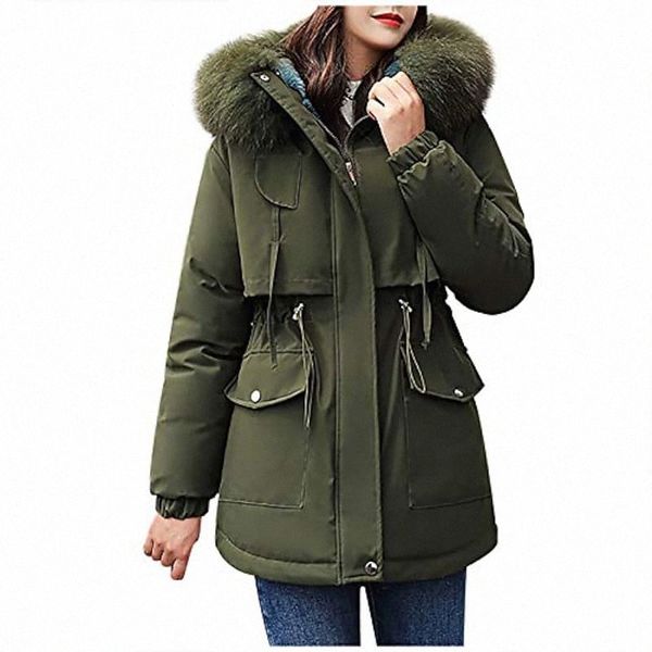 

women's winter warm coat thickened hooded down cotton jacket faux fur plush hood skin-friendly lined parka army green x22t#, Black