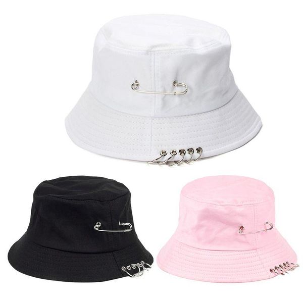 

harajuku punk cotton personality bucket hat metal pin o-ring solid color wide brim foldable hip hop fisherman cap, Blue;gray