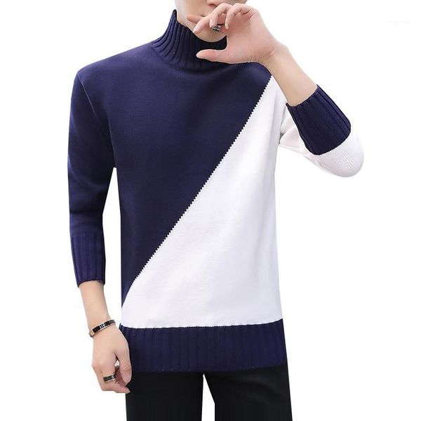 

men's casual slim fit turtleneck pullover sweaters color block long sleeve autumn streetwear patchwork lightweight men clothing1, White;black