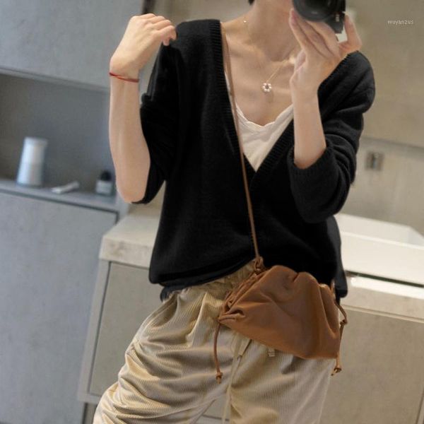 

spring women's v-neck single breasted knit loose casual cashmere wool cardigan jacket sweater frseucag women's sweater1, White
