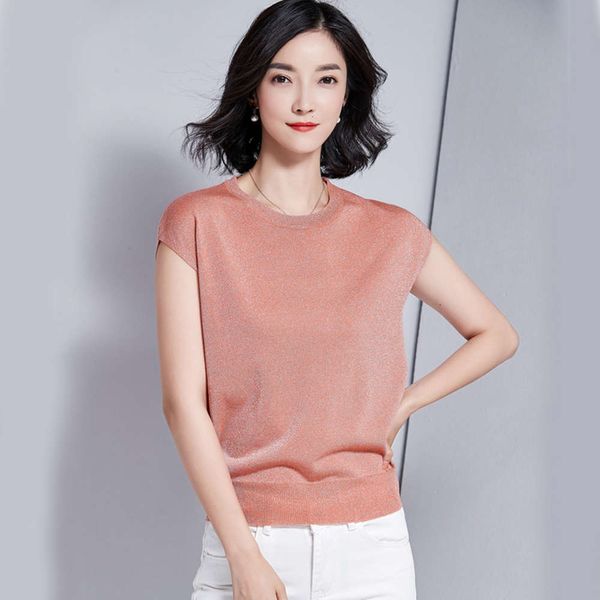 

sleevels knitted t-shirt 2020 summer gold and sier thin loose knit women's pullover, White;black
