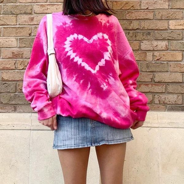 

woman autumn tie-dye print sweatshirts sweet heart pattern o-neck loose pullover pink color ladies fashion street wear1, Black