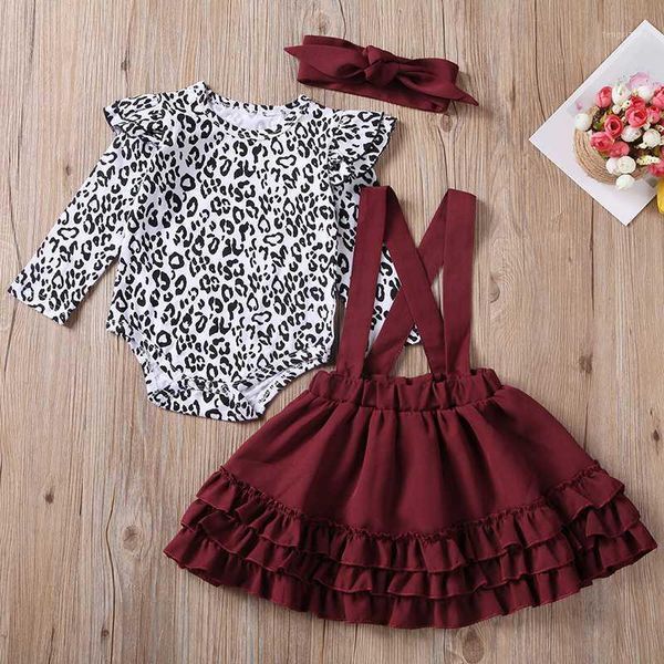 

menoea autumn newborn baby girls long sleeve clothing sets pure cotton leopard print romper + solid suspender dress 3pcs suits1, White
