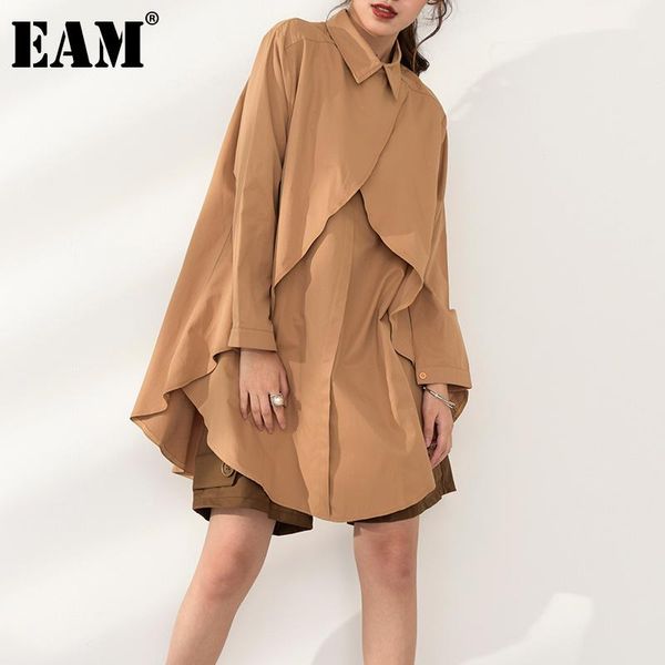 

women's blouses & shirts [eam] women khaki irregular big size long blouse lapel sleeve loose fit shirt fashion tide spring autumn 2021, White