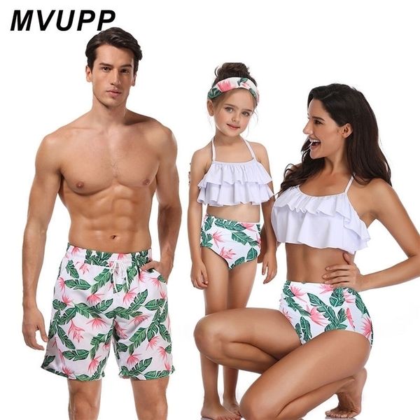 

family matching swimwear beachwear mommy and me swimsuit mother daughter father son clothes dresses high waist bikini look mum y200713, Blue