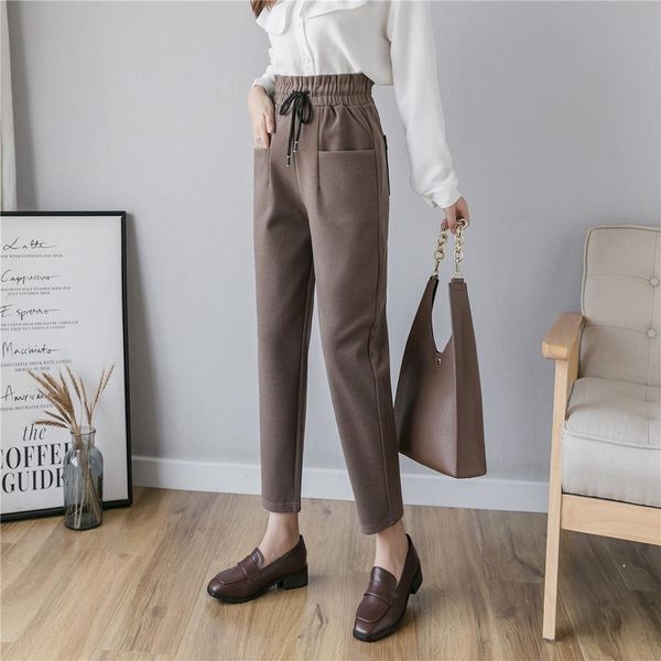 

s-5xl plus size women woolen pants casual elastic high waist ankle length pants autumn winter trousers chic pencil harem pants, Black;white