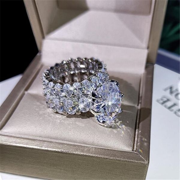 2021 Novo Espumante Venda Quente Jóias de Luxo Casal Anéis Grande Corte Oval Topázio Branco CZ Diamante Gemstones Mulheres Casamento Conjunto de Anel de Noiva Presente