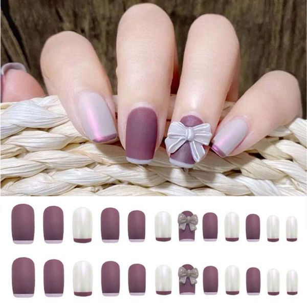 

24pcs/set nail art tips short design full cover aurora resin bowknot decal false nails press on fingernails with glue, Red;gold