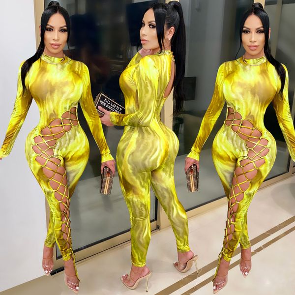 

colorful print stacked jumpsuits jumpsuit womens tie dye bandage rompers catsuit hollow out party club overalls one piece, Black;white