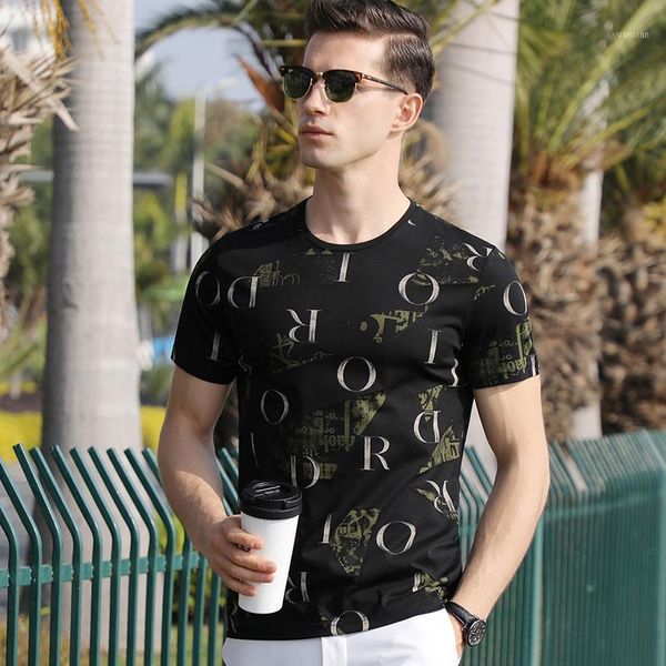 

summer short sleeve t-shirt men's personality printing leisure trend ice silk clothes men's fashion business half sleeve1, White;black