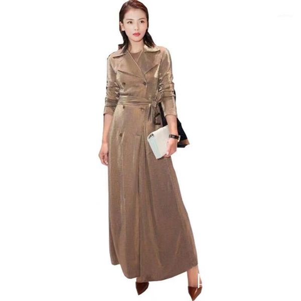 

spring autumn women gold velour long trench coats 2020 fashion streetwear style double breasted slim female trench gx8161, Tan;black