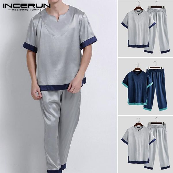 

fashion men pajamas sets patchwork homewear 2020 soft short sleeve v neck pants breathable sleepwear sets men s-5xl incerun1, Black;brown