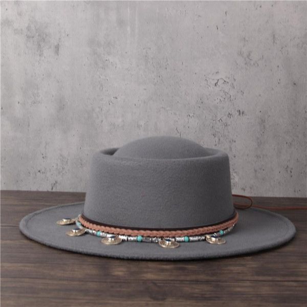 

women men wool fedora hat lady tassel pork pie hat gentleman flat porkpie jazz size 56-58cm, Blue;gray