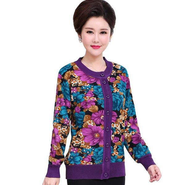 

flowers printed women knitted cardigan coat fall winter long sleeve mother sweater knitwear thick jumper with velvet, White