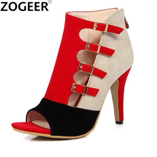 

boots summer women sandal fashion flock women's high heel ankle cut-out heels black red party shoes woman1