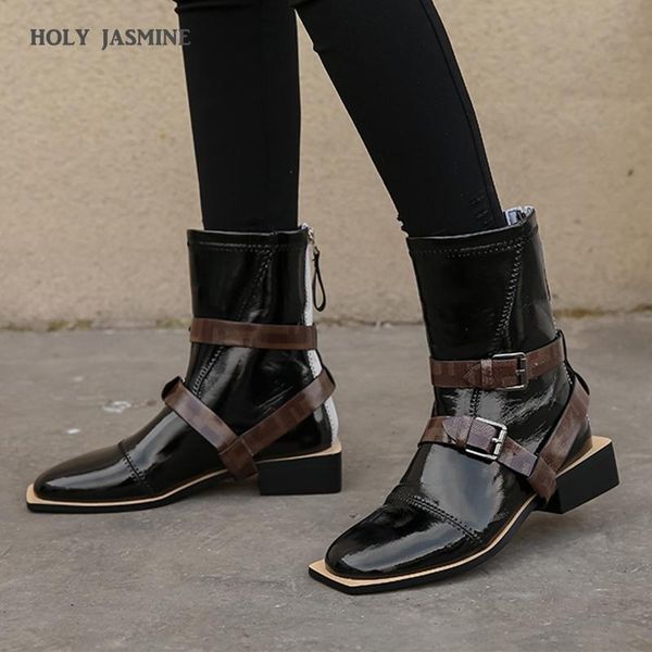 

boots 2021 autumn winter fashion buckle solid genuine leather comfortable round toe shoes ankle women's, Black