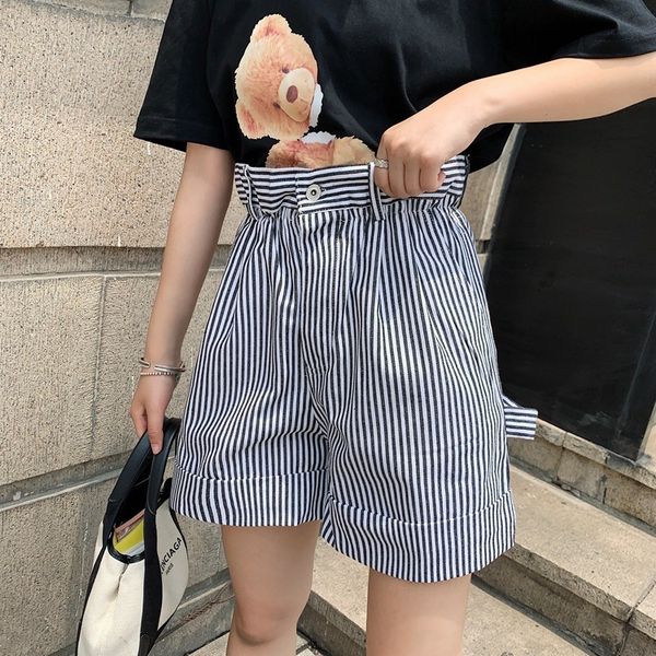 

2020 women's summer wind elastic stripe high wide leg pants waist shorts, Blue
