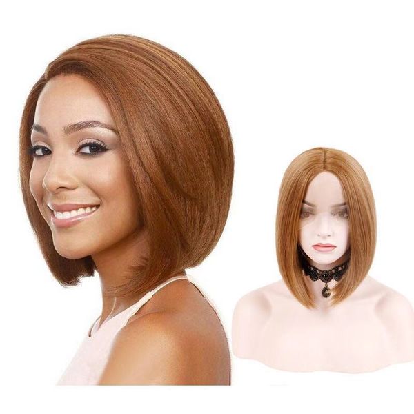 

11inch wig head cover split front lace bobo wig female front lace high temperature silk short straight hair golden bob head cover, Black;brown