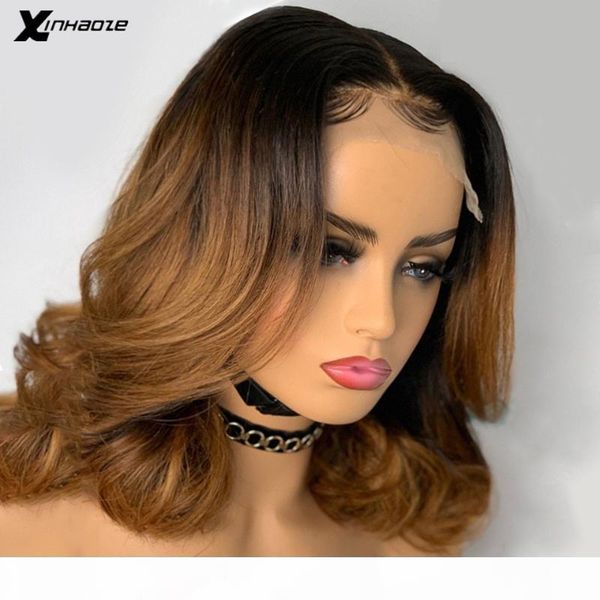 

black root 5*5'' silk base human hair wig with baby hair short natural wave wig ombre honey blonde lace front pre plucked, Black;brown