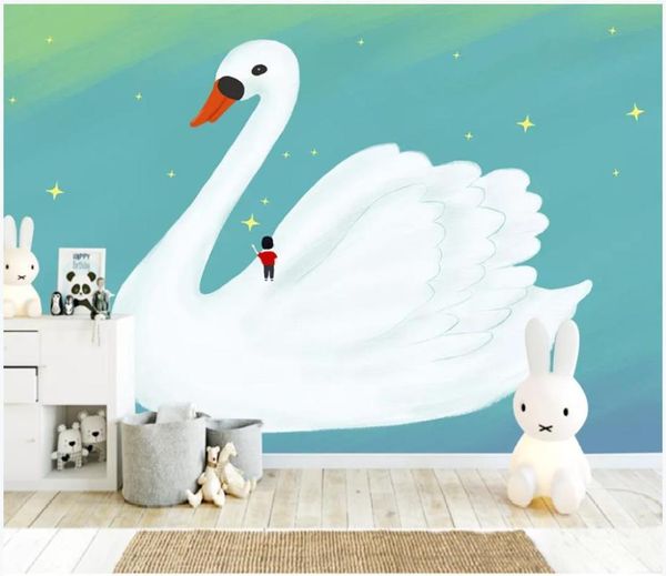 

Custom photo wallpaper for walls 3 d Beautiful starry sky swan kids children's room hand-painted murals wall papers home decor