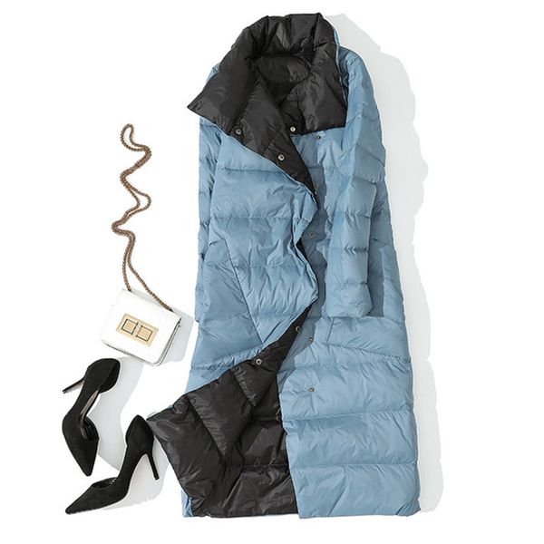 

autumn winter women double side wear down jacket 90% white duck down coats parkas female casual fashion long down coats outwears c1204, Black