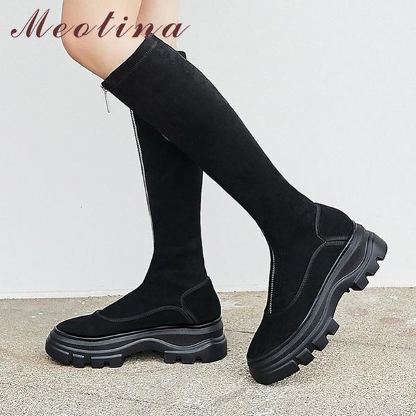 

boots meotina winter knee high women natural genuine leather flat platform long slim stretch zipper shoes lady fall 34-391, Black