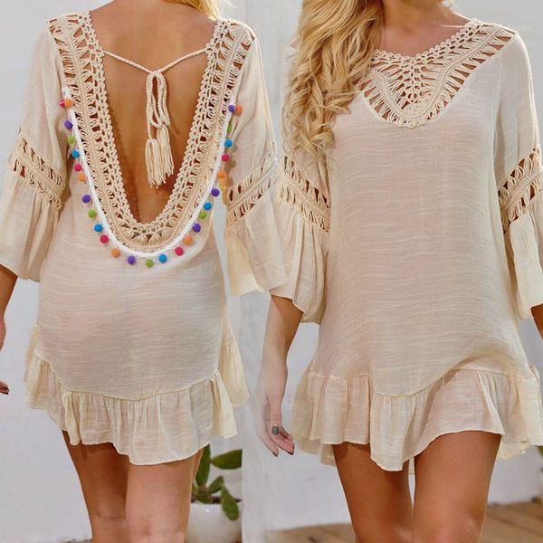 

women backless rainbow pompom bikini cover up hollow crochet ruffles tassels tie back asymmetric beach dress1, White;black