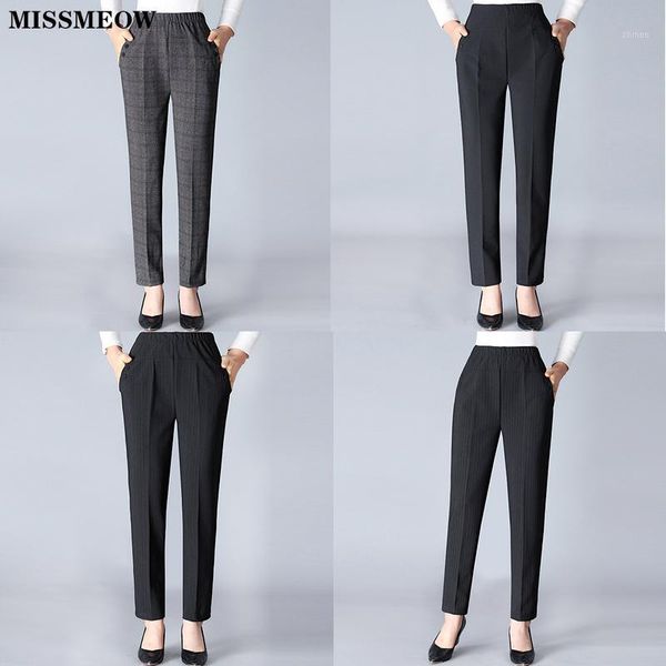 

missmeow casual high waist pencil pants women striped straight harem pants women elastic black/office plus size trousers1, Black;white