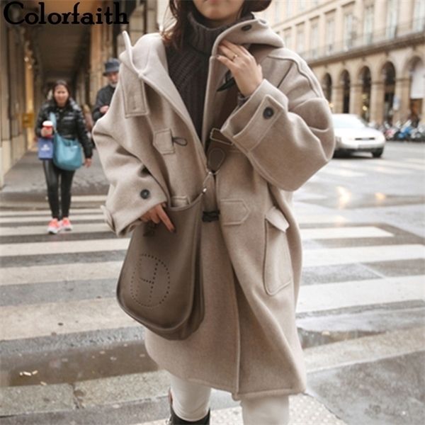 

colorfaith new 2019 autumn winter women jackets hooded warm preppy style elegant casual long coat outerwear wool blends jk683 y1126, Black