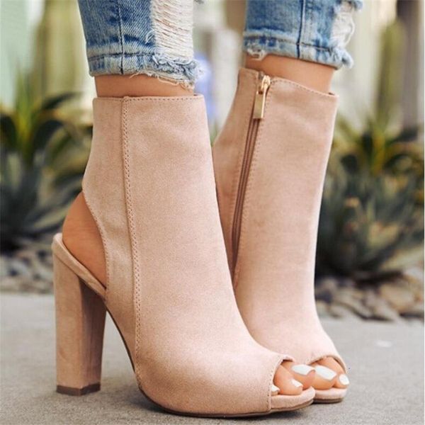 

2021 new ankle boots faux suede leather casual open peep toe high heels zipper fashion shoes woman plus size 5uts, Black