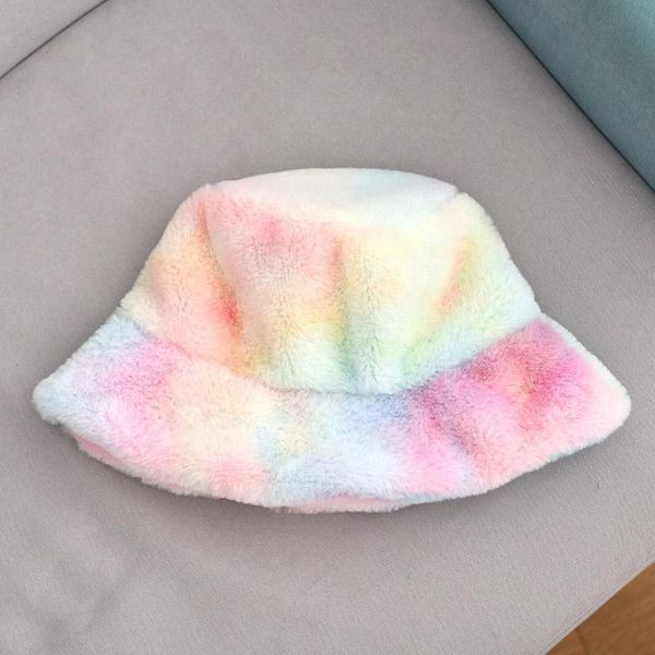 

wide brim hats misananryne fashion winter fishman tie-dyed rainbow color thick warm faux fur caps girl christmas gift outdoor bucket, Blue;gray