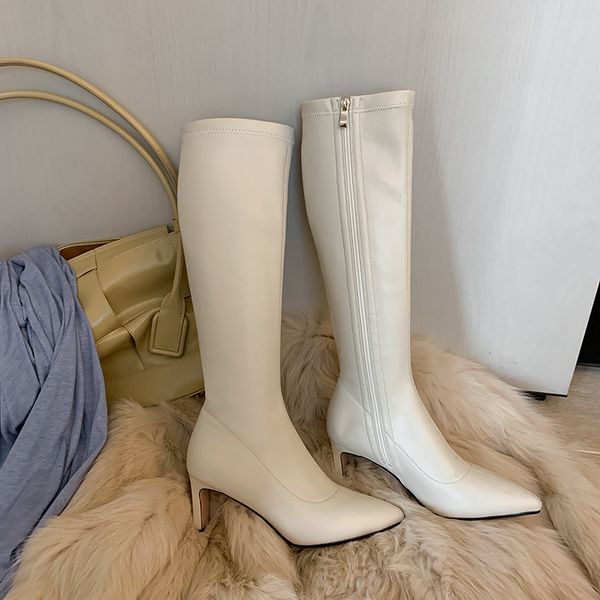 

2021 new stretch pu leather zipper knee high autumn winter pointed toe fashion square heel women long boots size34-43 3dwj, Black