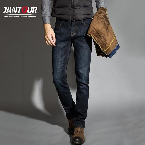 

jantour 2021 winter warm jeans men straight fit blue black denim pants large size trousers business fleece man jeans 40 42 size