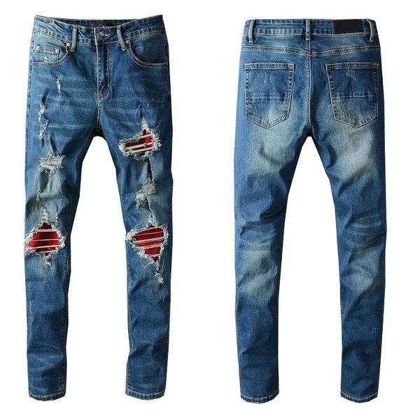

mens badge rips stretch black jeans fashion slim fit washed motocycle denim pants panelled hip hop trousers 10200, Blue