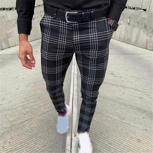 

men plus size pants plaid winter autumn warm slim fit skinny zipper pencil vintage business party casual pants1, Blue