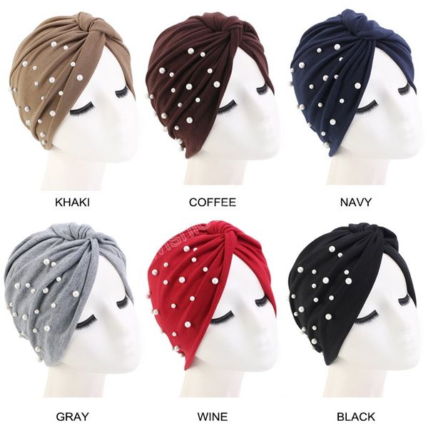 Donne musulmane Perle Perline Cappello turbante elastico Cotton Twist Style Chemio Cap India Hijab Ladies Soft Headwrap Accessori per capelli