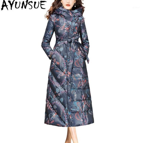 

ayunsue winter duck down jacket women hooded printed long puffer down coat warm clothes doudoune femme hiver n84y4984h08 kj38901, Black