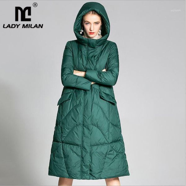 

women's runway down coats hooded stand collar zipper closure white duck down long warm parkas long runway outerwear1, Black