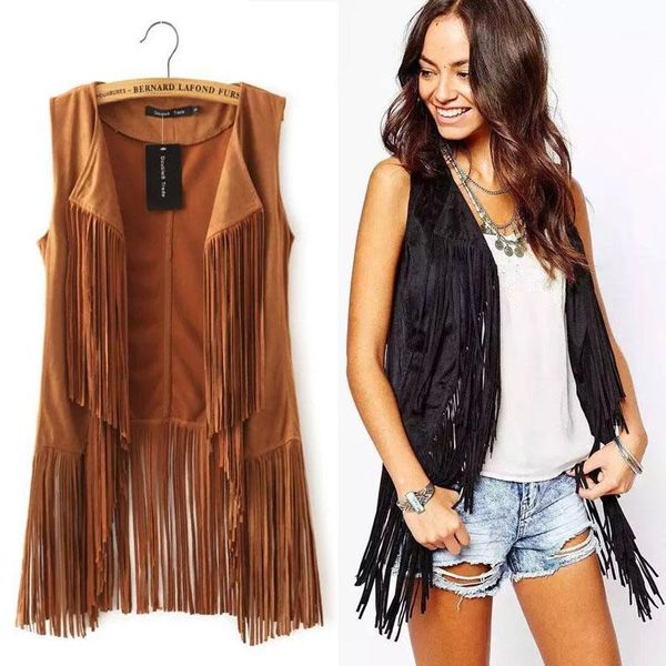 

2017 autumn winter suede ethnic sleeveless tassels fringed vest cardigan black khaki retro suede leather vest women waistcoat1, Black;white