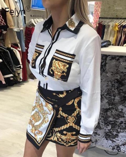 

felyn 2020 ins internet celebrity famous faux two pieces dress women set luxury print bodycon office lady suits1, White