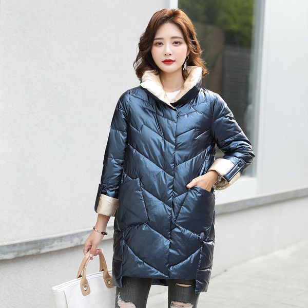 

2021 new glossy winter women warm collar wadded coat snow wear mid-long down cotton jacket clothing ah441 9v5h, Black